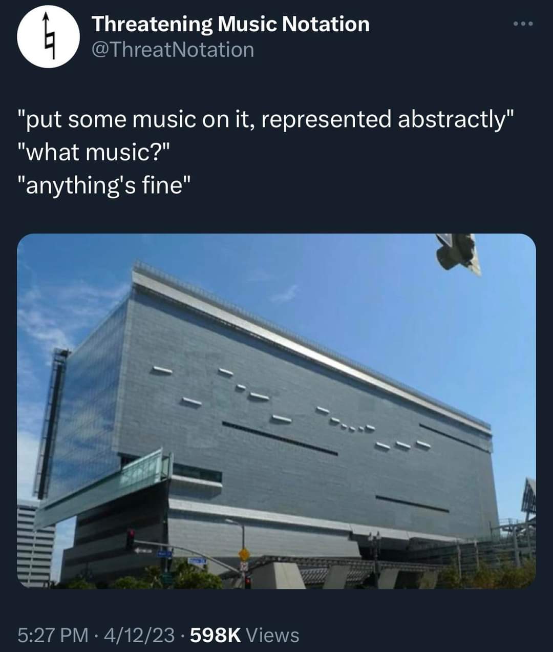 When the architect is told to "represent music abstractly" and just goes with it.