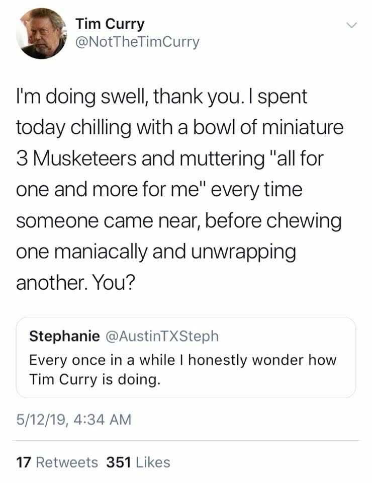 Tim Curry embracing his inner greedy Musketeer, and I'm here for it.