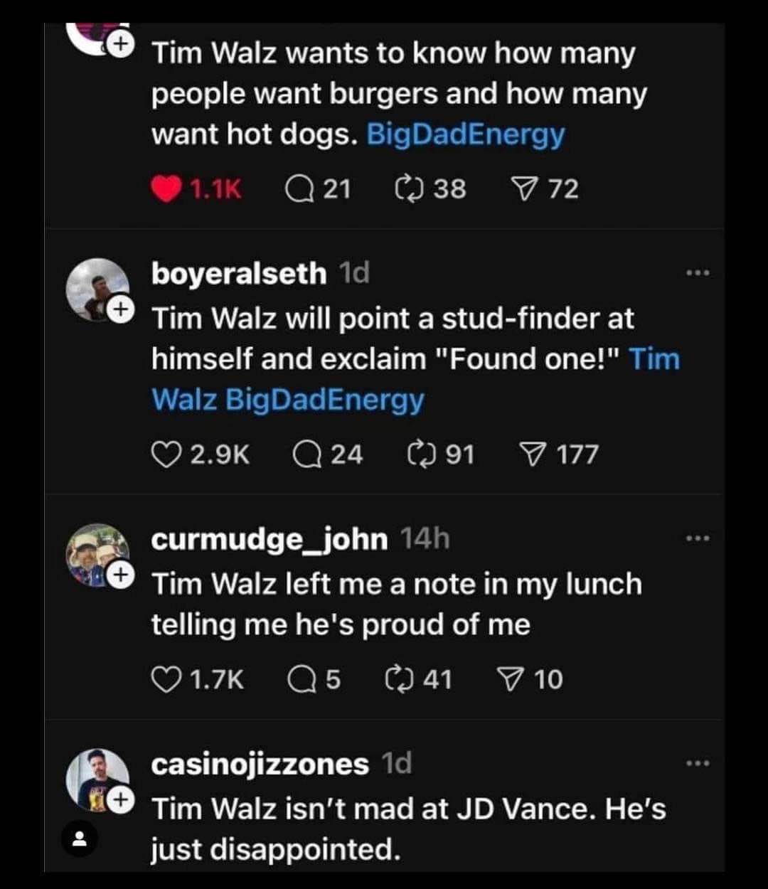 The comments on this post about Tim Walz are so wholesome and funny, making him sound like the ultimate dad.