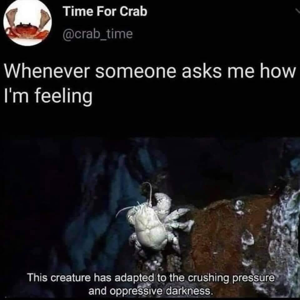 Me whenever someone asks how I'm doing: this creature enduring the crushing pressure and oppressive darkness
