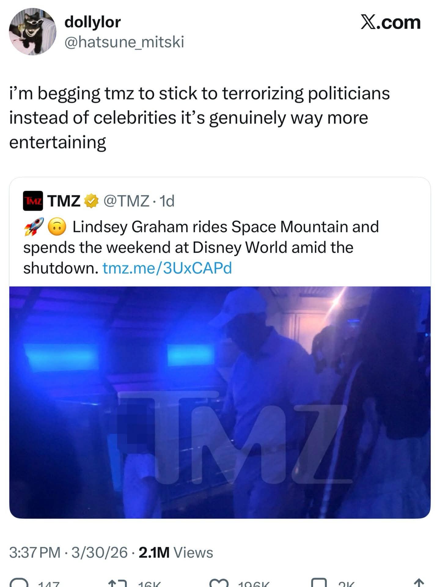 TMZ reporting on Lindsey Graham at Disney World during a shutdown is wild lol