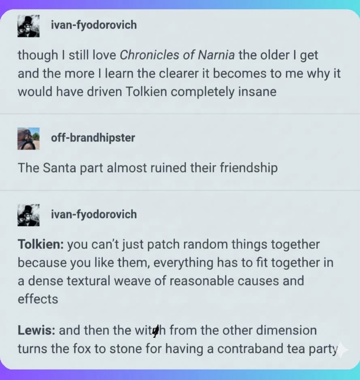 Tolkien and Lewis's writing styles explained. One is obsessed with lore, the other just wants to make a fox have a tea party.