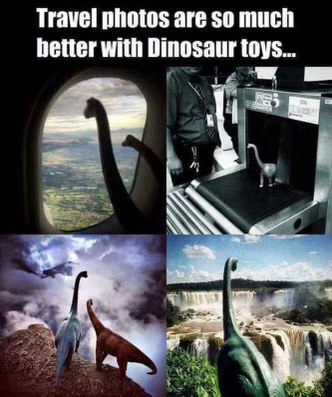 OMG, someone actually took dinosaur toys on vacation and staged these pics lol