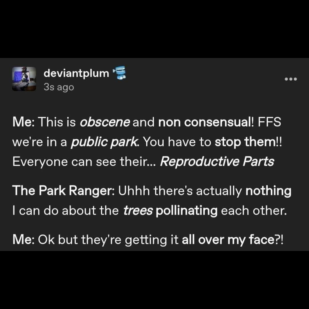 When you get way too mad about trees having sex in the park and then it gets personal