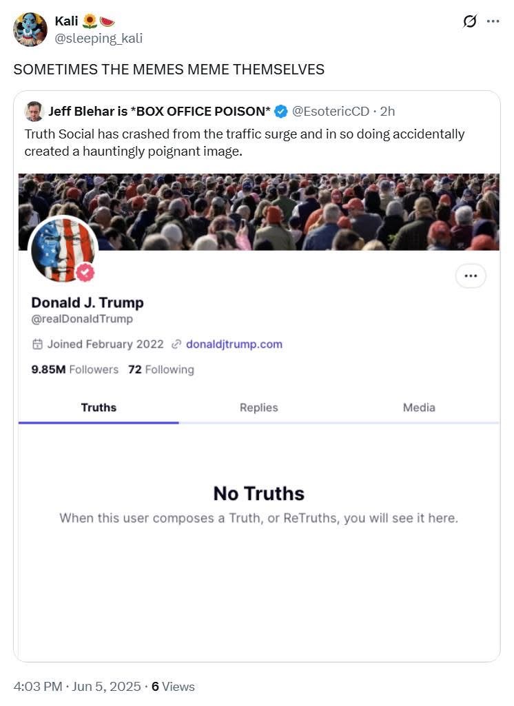 Truth Social's traffic surge was so big it crashed the site and accidentally created a perfectly ironic image of Donald Trump's profile having no truths.