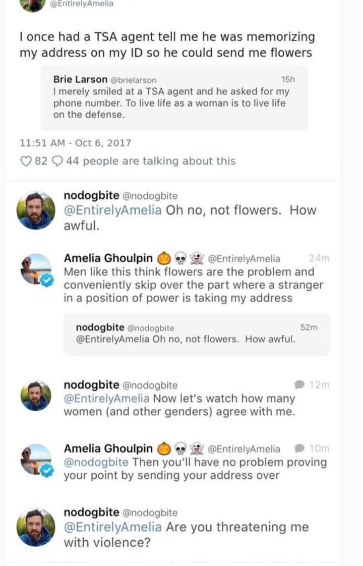 This Twitter exchange starts with someone getting their address memorized by a TSA agent for flowers, and it escalates SO quickly to threats of violence lol