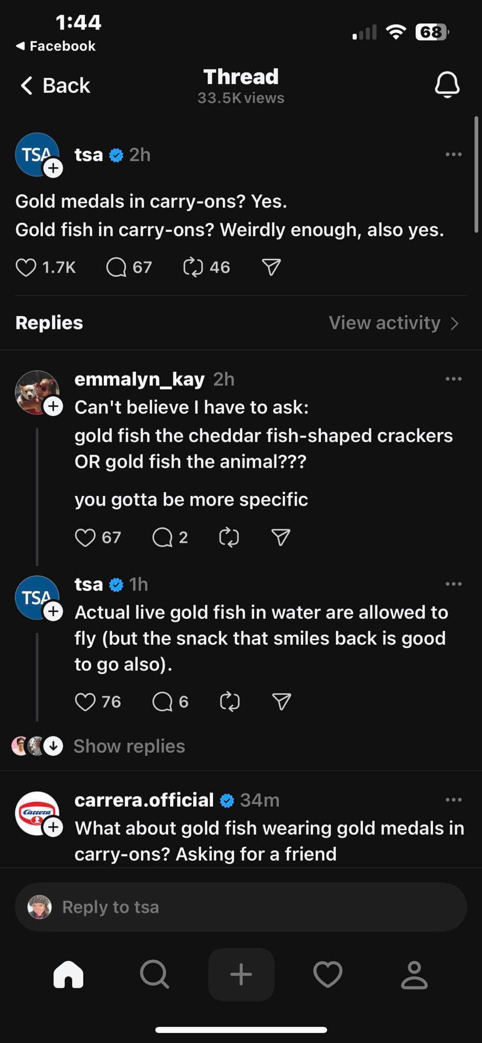 TSA clarifying that you can bring goldfish crackers and actual goldfish on a plane, and someone asking about goldfish wearing gold medals is peak internet.