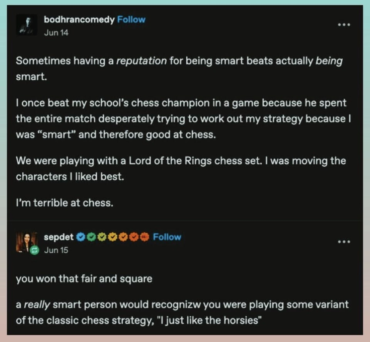 This person beat the chess champ by moving the Lord of the Rings characters they liked best. And the champ was trying to figure out their 'strategy'.