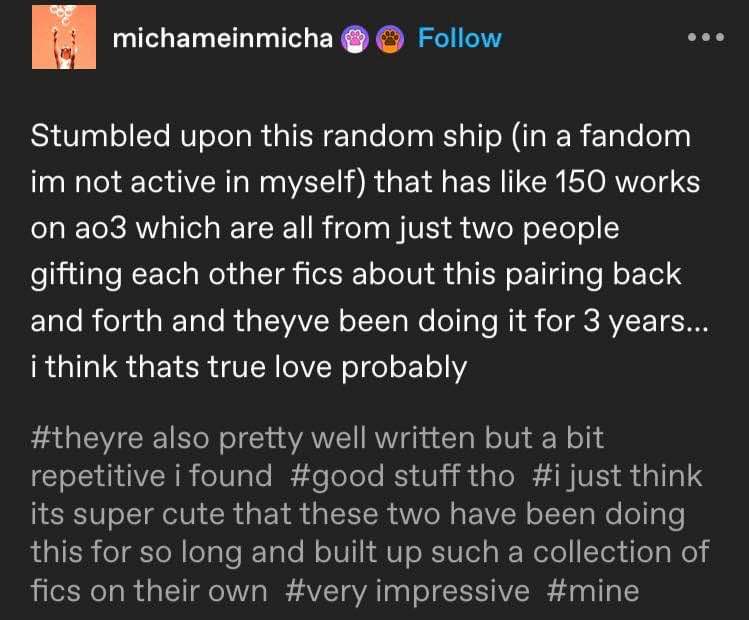When you find a couple who've been writing fanfic for each other for 3 years and it's actually good