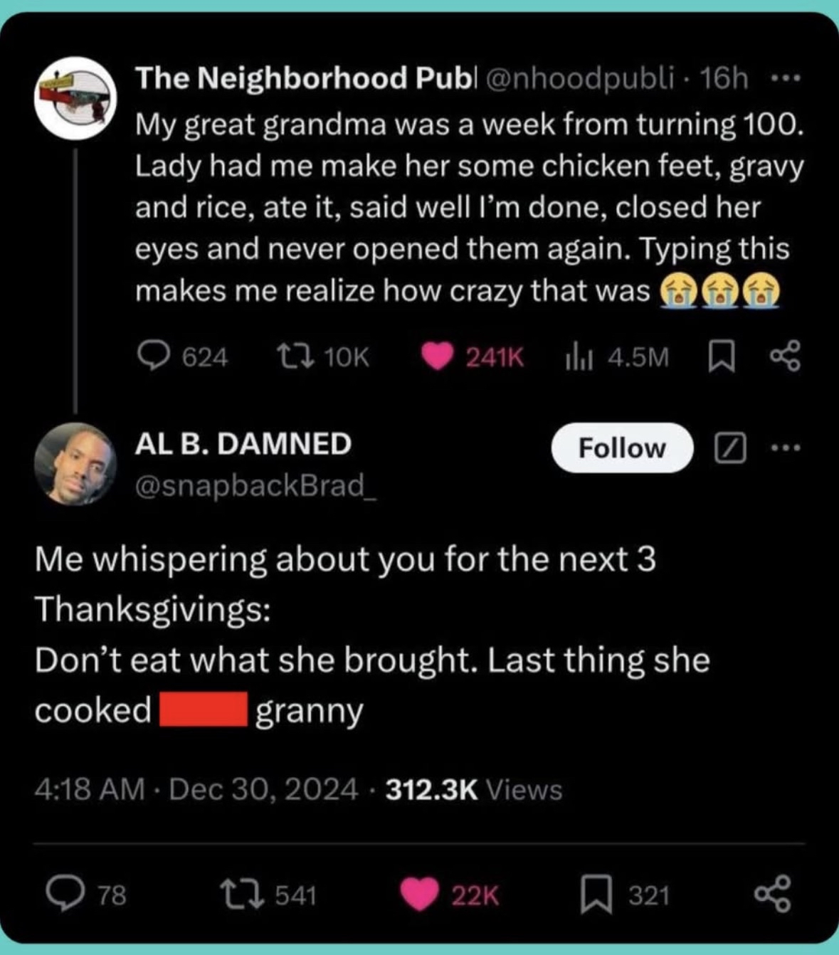 Grandma eating chicken feet just before she passed away. Then her grandson vows to gossip about her cooking for years to come lol