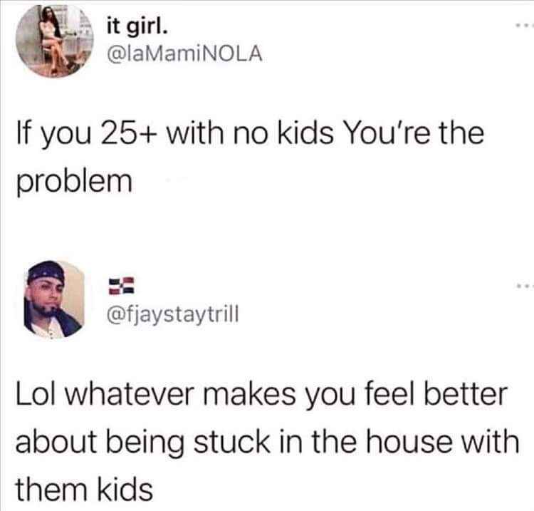 Someone said if you're over 25 with no kids you're the problem, and the reply is 'lol whatever makes you feel better about being stuck in the house with them kids'.