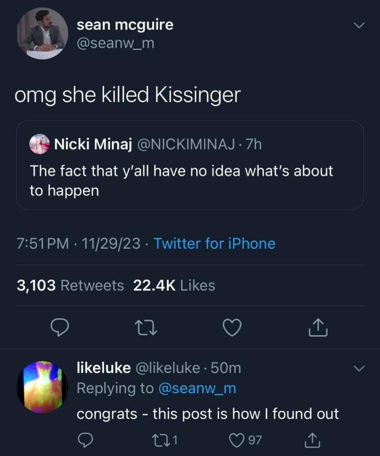 This Twitter user learned about Kissinger's death from a reply...