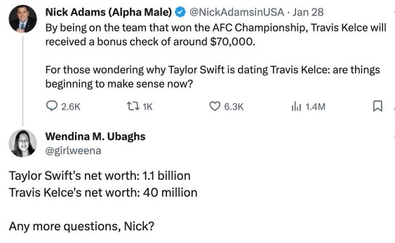 Someone tried to explain Taylor Swift dating Travis Kelce based on his $70k bonus and got schooled on their net worth difference lol