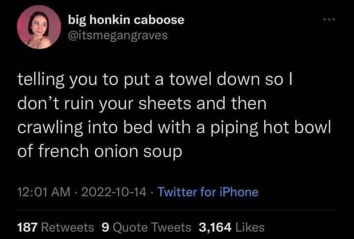 Me literally telling you to put a towel down but then crawling into bed with a hot bowl of soup like a menace