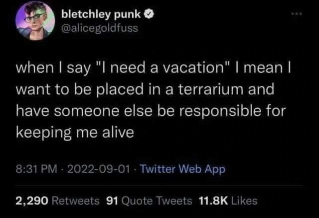 When you say you need a vacation, you just want to be a pet that someone else takes care of lol