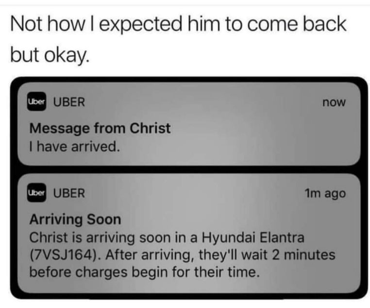 Okay but Christ showing up in a Hyundai Elantra and starting charges after 2 mins is NOT how I pictured the second coming