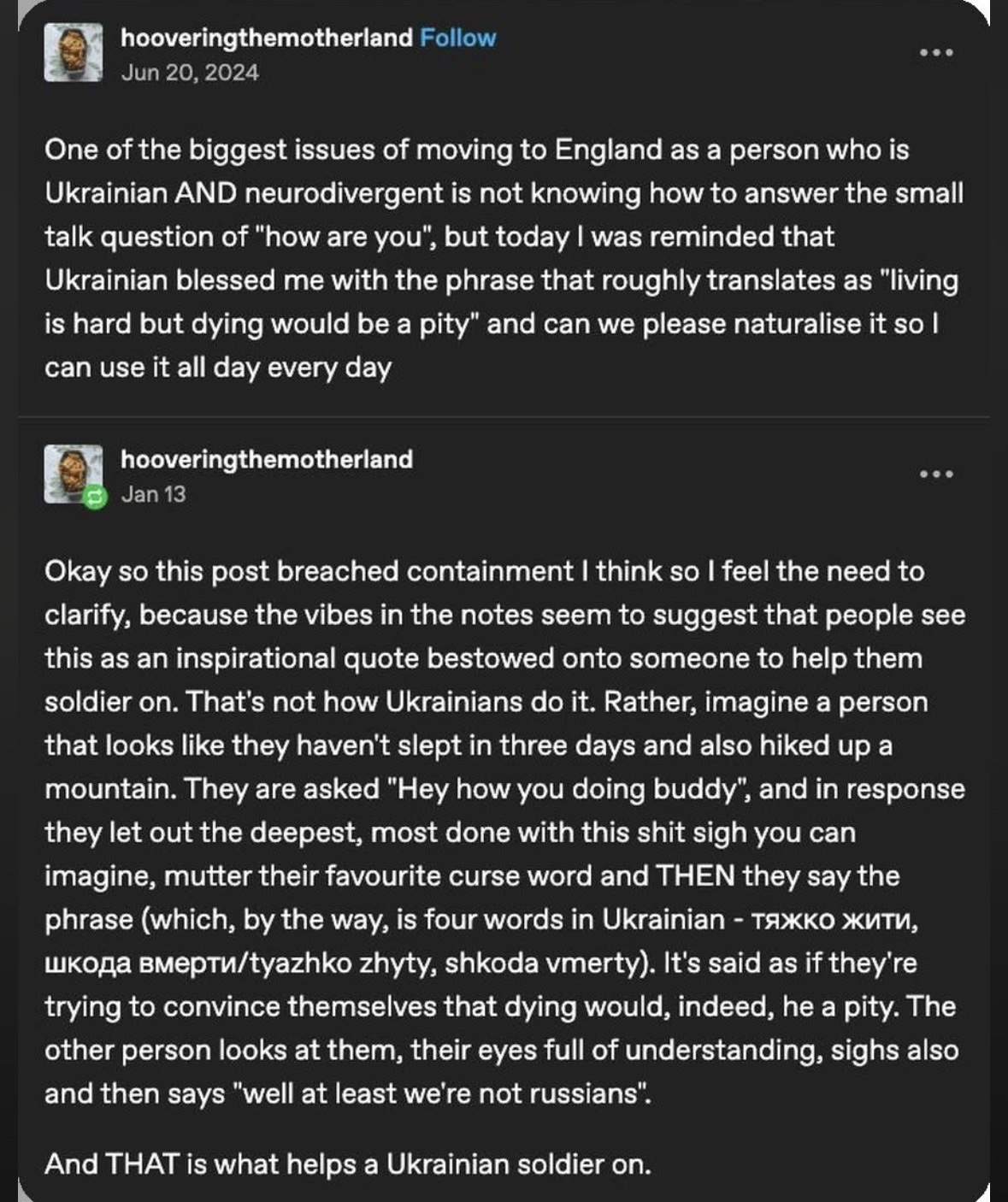 Ukrainians explaining how to respond to 'how are you' when you're deeply exhausted, which apparently involves a lot of sighing and the phrase 'living is hard but dying would be a pity'.