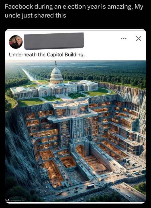 My uncle thinks the Capitol Building is secretly a secret underground bunker complex. Facebook during election year never disappoints.