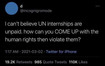 UN internships are unpaid? So the UN is making people COME UP with human rights, then violating them, for free?