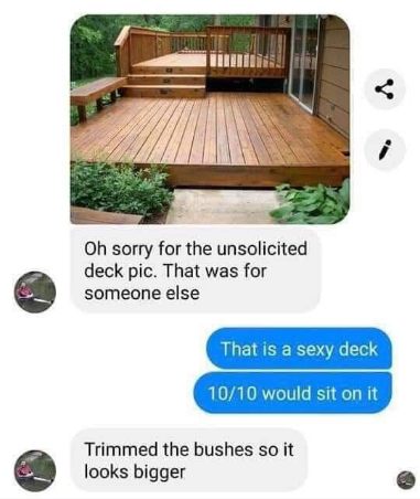 Someone accidentally sent a pic of their deck, and the replies are wild lol