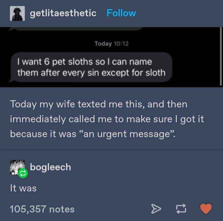 When your wife texts you about naming sloths after sins and then calls to make sure you understand the urgency.