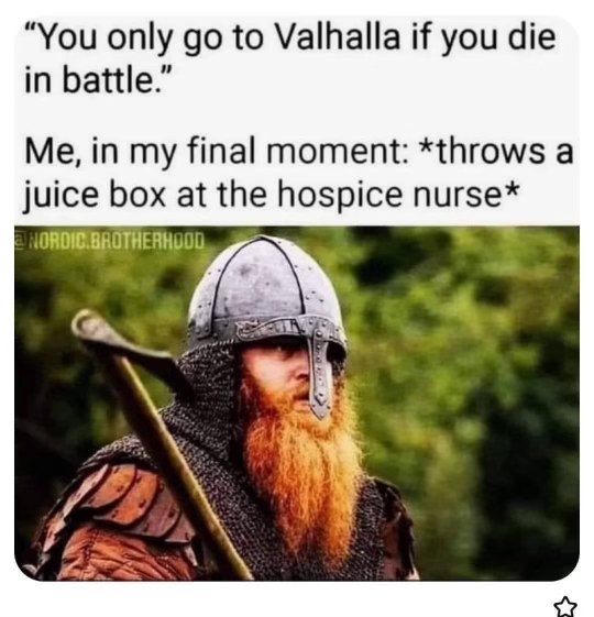 Trying to get to Valhalla but I'm dying peacefully, so I gotta make my own battle.
