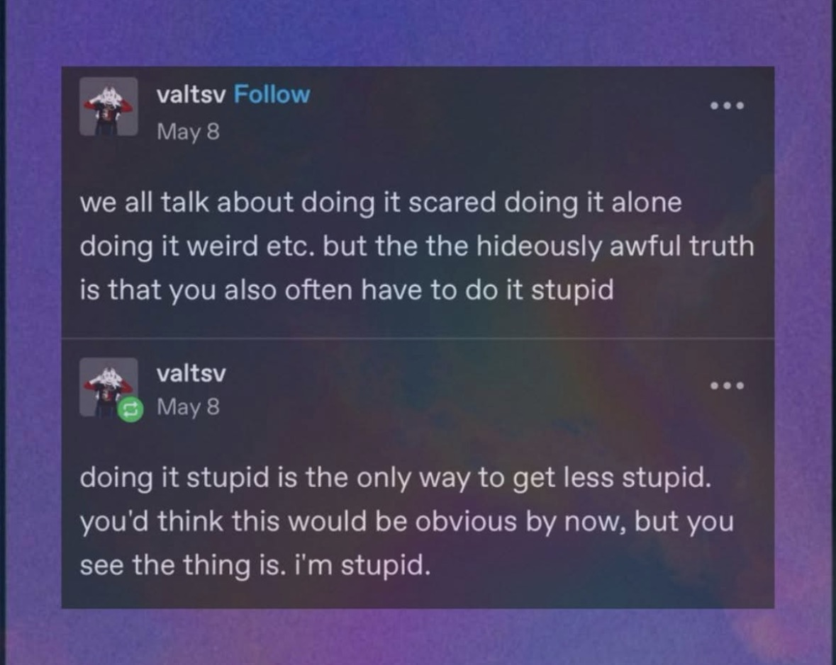 When you realize doing it stupid is actually how you learn to be less stupid... but then you remember you're just stupid.