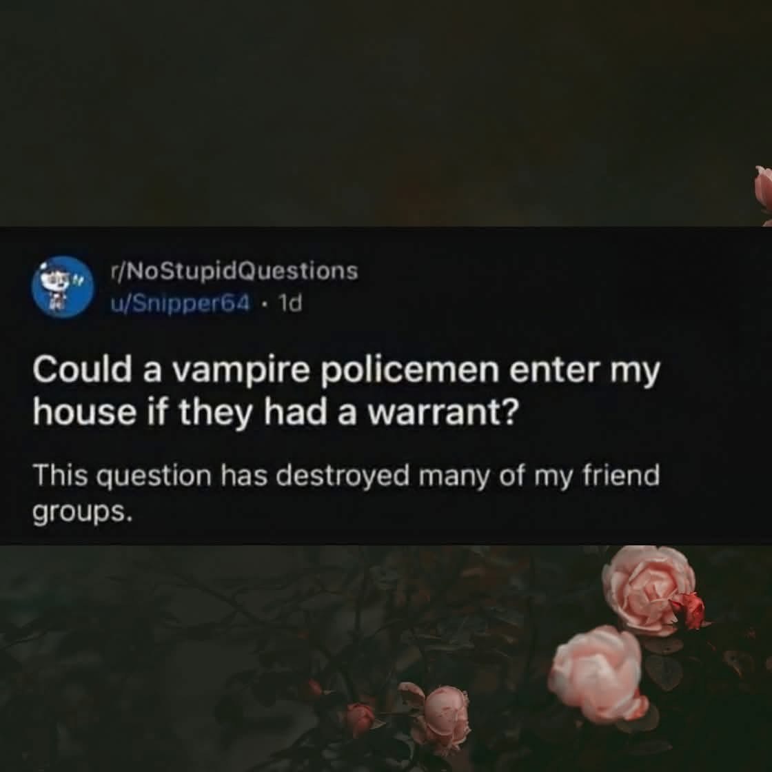 Someone asked if vampire police can enter your house with a warrant and it apparently ruined friendships lol