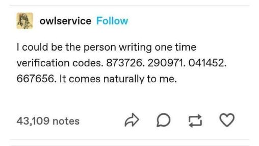OMG this person could literally be the source of all my verification codes bc it comes naturally to them