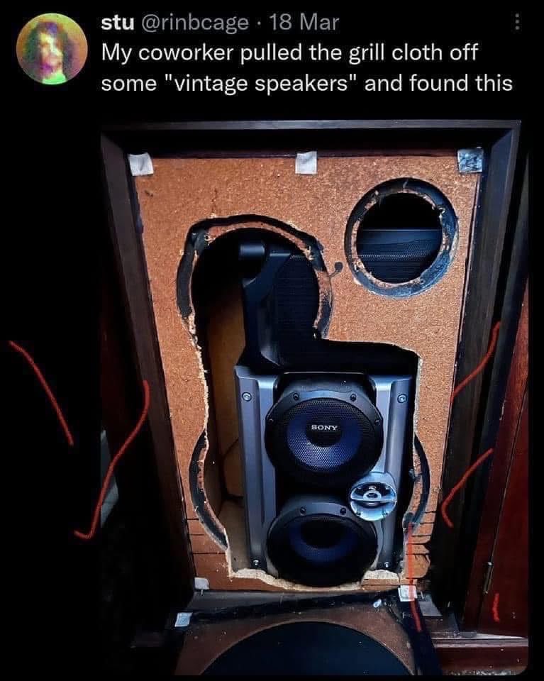 My coworker thought he found vintage speakers but it's just a modern Sony system hidden inside.