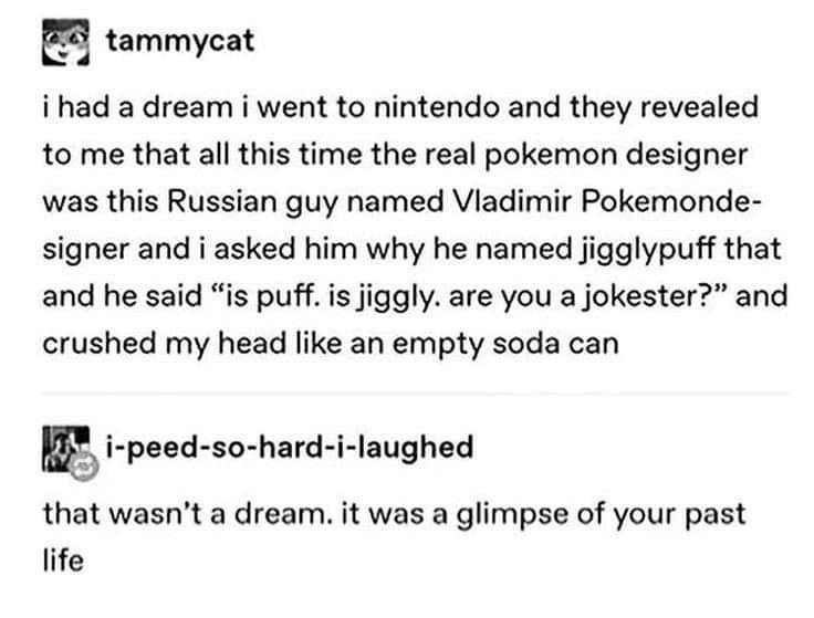 LMAO this guy had a dream about the creator of Jigglypuff and apparently his name was Vladimir Pokemondesigner