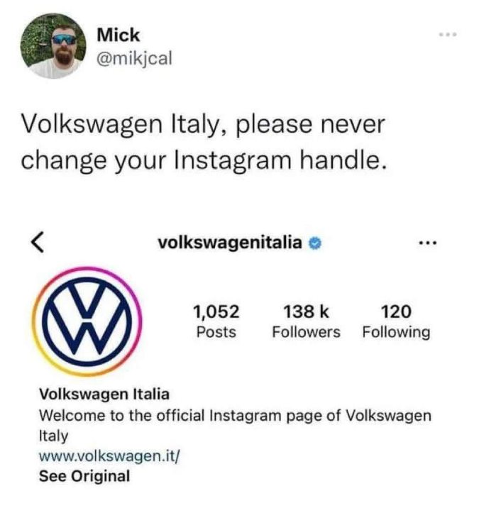 OMG I can't stop laughing at this dude's tweet, the Volkswagen Italy Instagram handle is perfect