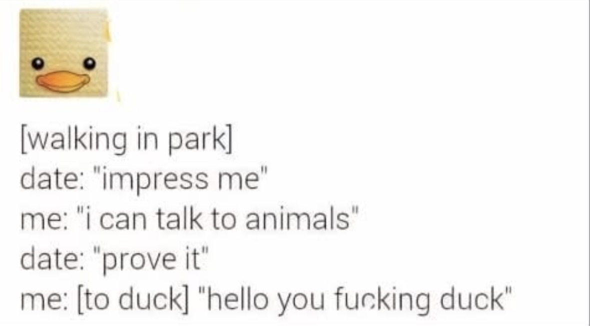 Me trying to impress my date by talking to animals but just calling a duck a duck, you fucking duck