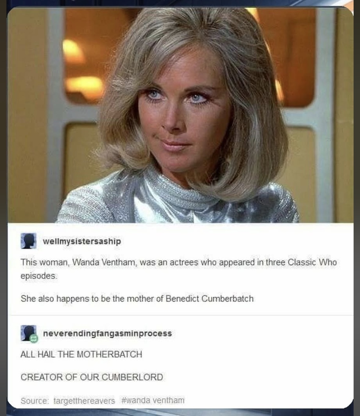 When you realize the actor you love is related to this lady from Doctor Who