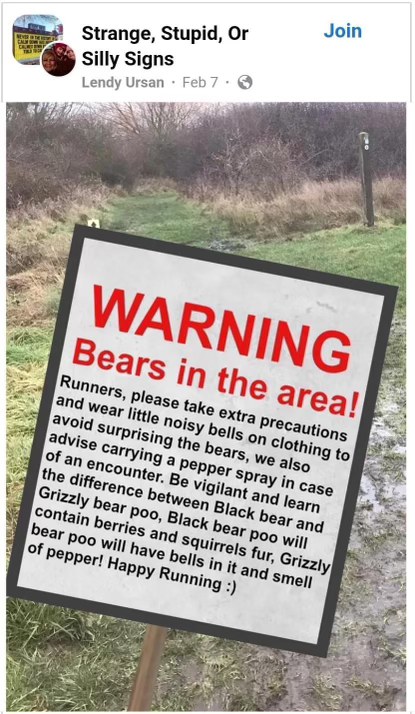 This sign explaining how to identify bear poop is wild lol, 'smell of pepper!'