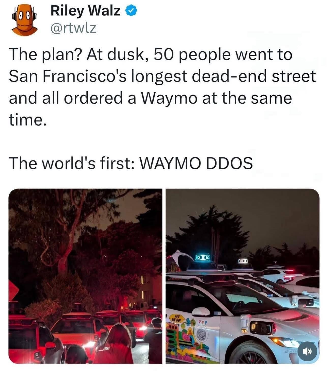 Lol, people really decided to cyberattack Waymo by ordering 50 cars to a dead-end street at once. Pure chaos.