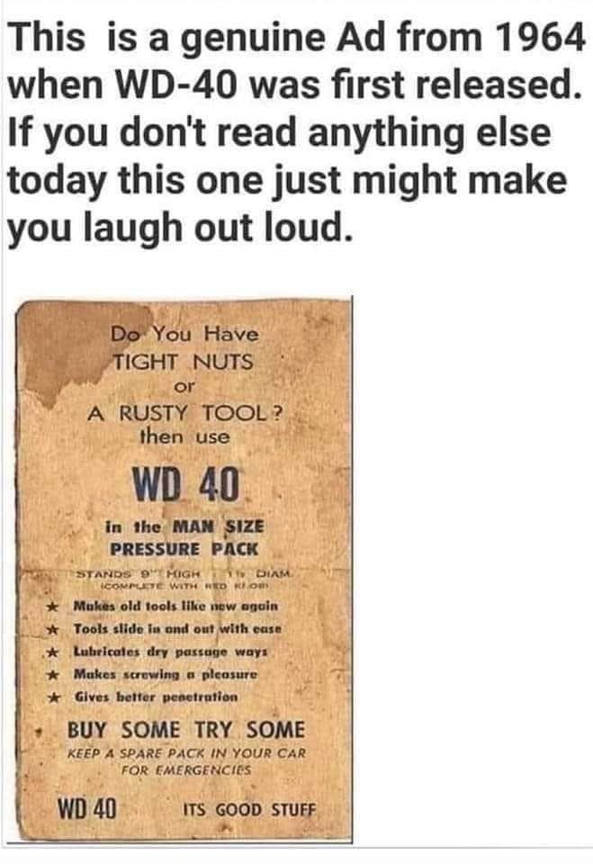 Old WD-40 ad talking about tight nuts and making screwing a pleasure... uh oh.