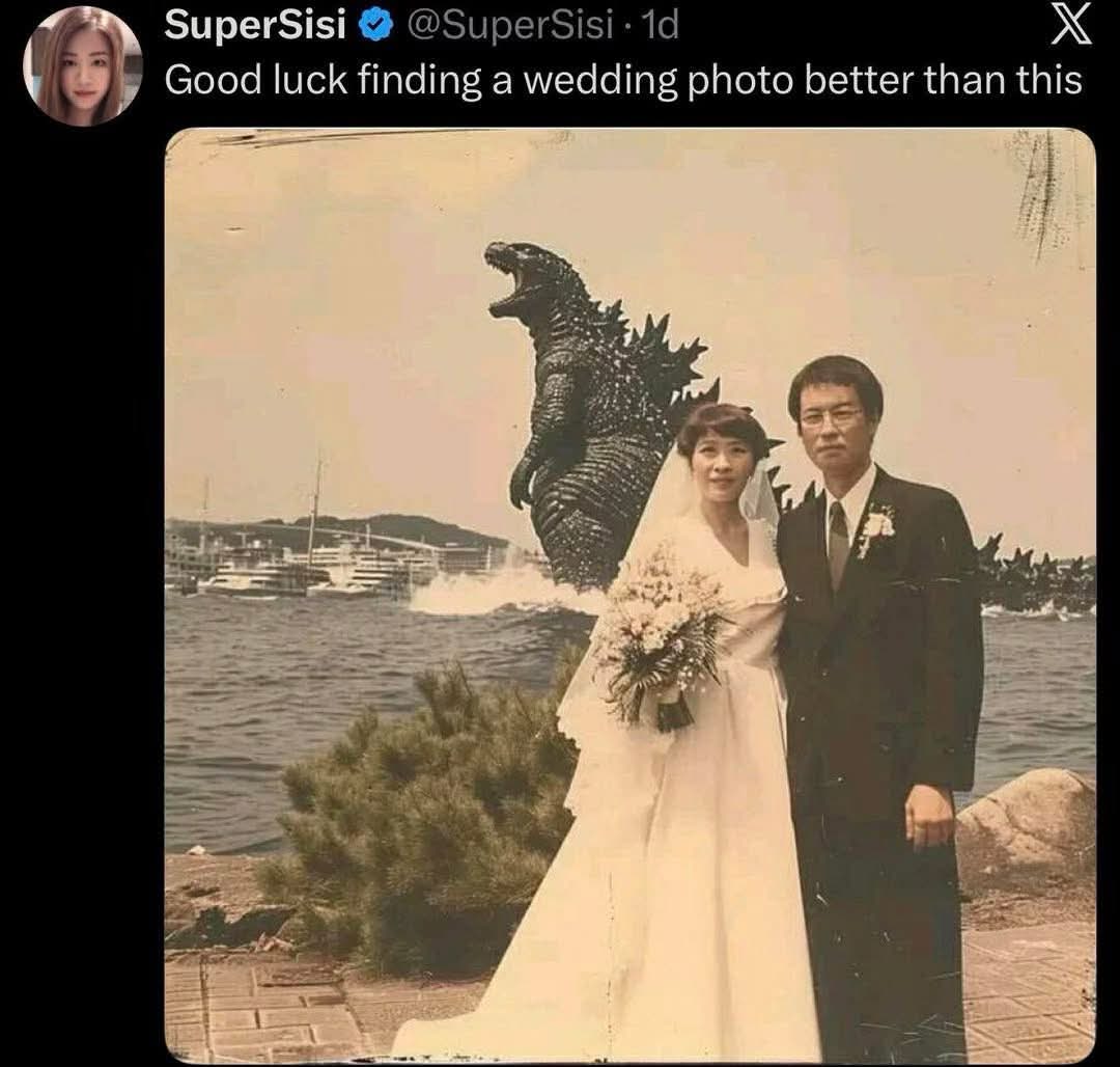 When your wedding photos are so iconic, Godzilla shows up to crash the party.