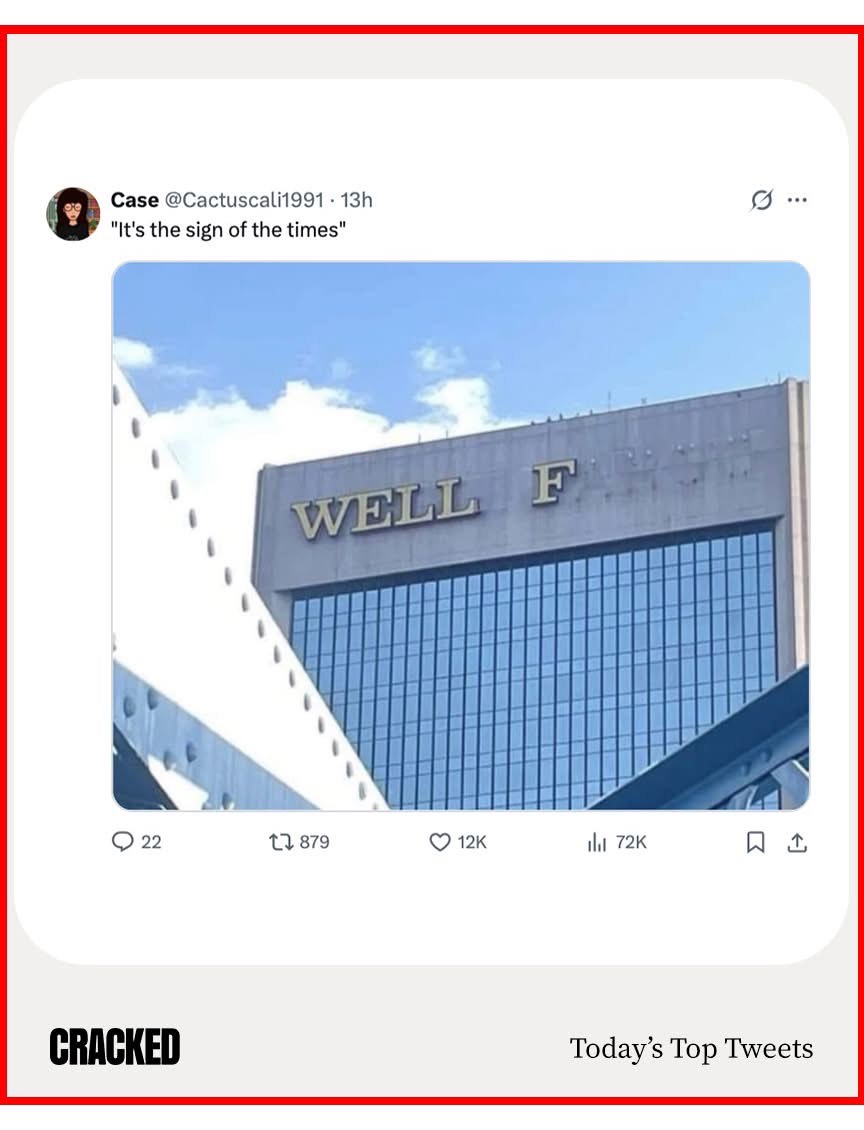 This building's sign looks like it's giving up on life. LOL