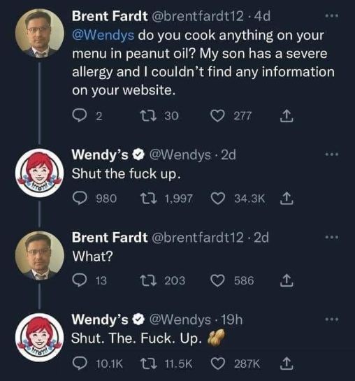 Wendy's being savage af to a customer asking a valid question about allergies