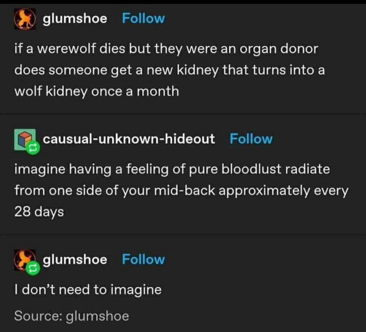 When you donate a kidney but the recipient keeps turning into a werewolf.