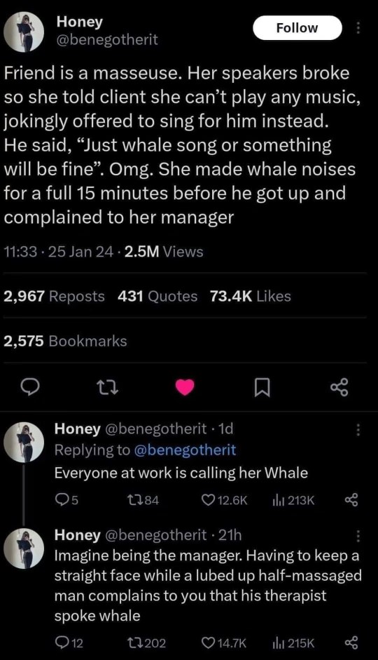 When you ask for whale sounds during your massage and she delivers for 15 minutes straight
