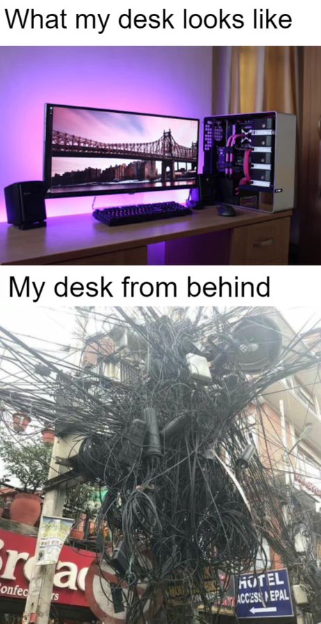 My desk setup vs. the reality of all the cables behind it. I think I need an electrician.