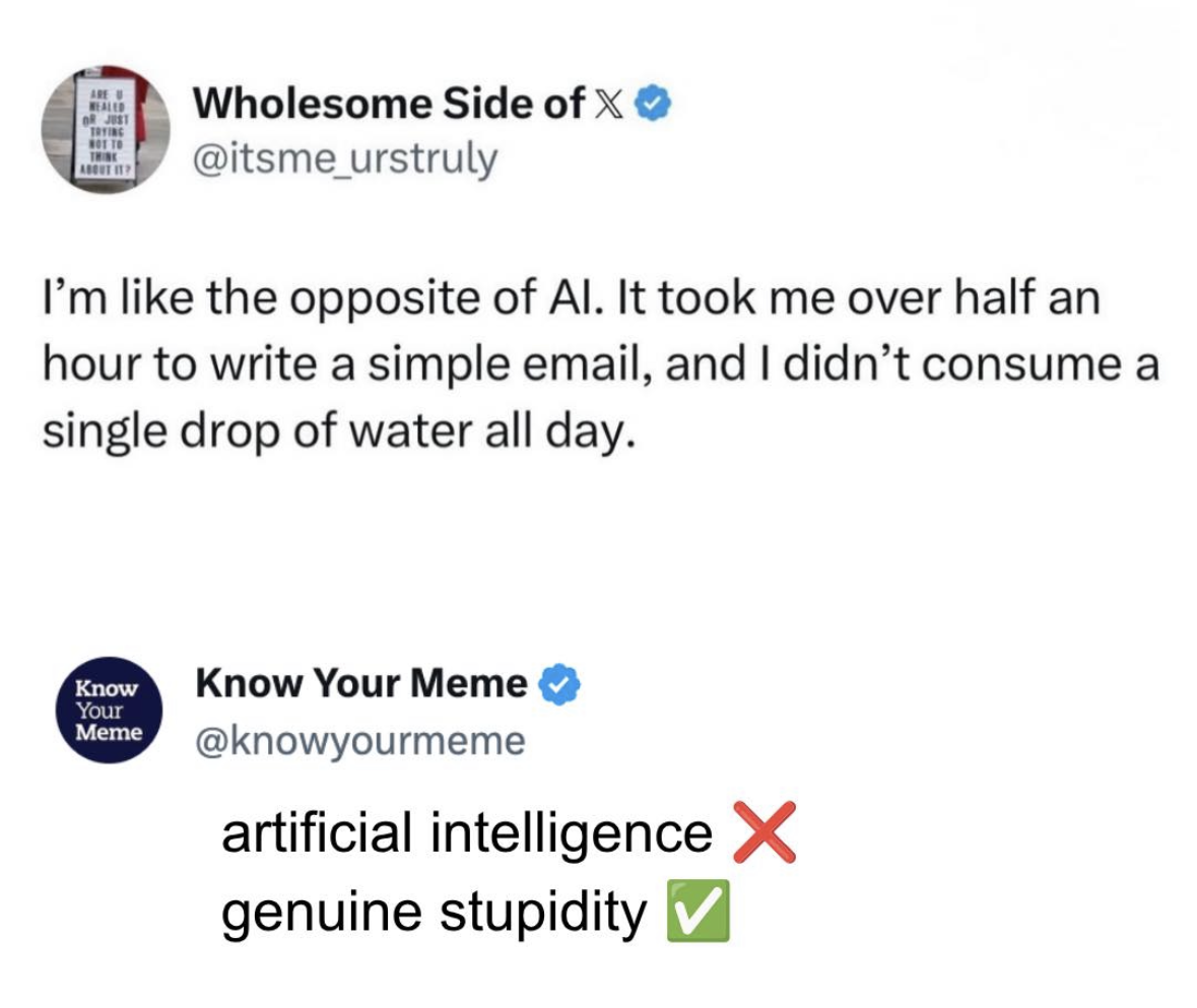 Me being the opposite of AI after taking forever to write an email and not even drinking water.