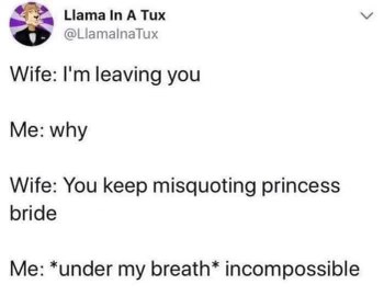 My wife is leaving me bc I keep misquoting princess bride.  Incompossible!