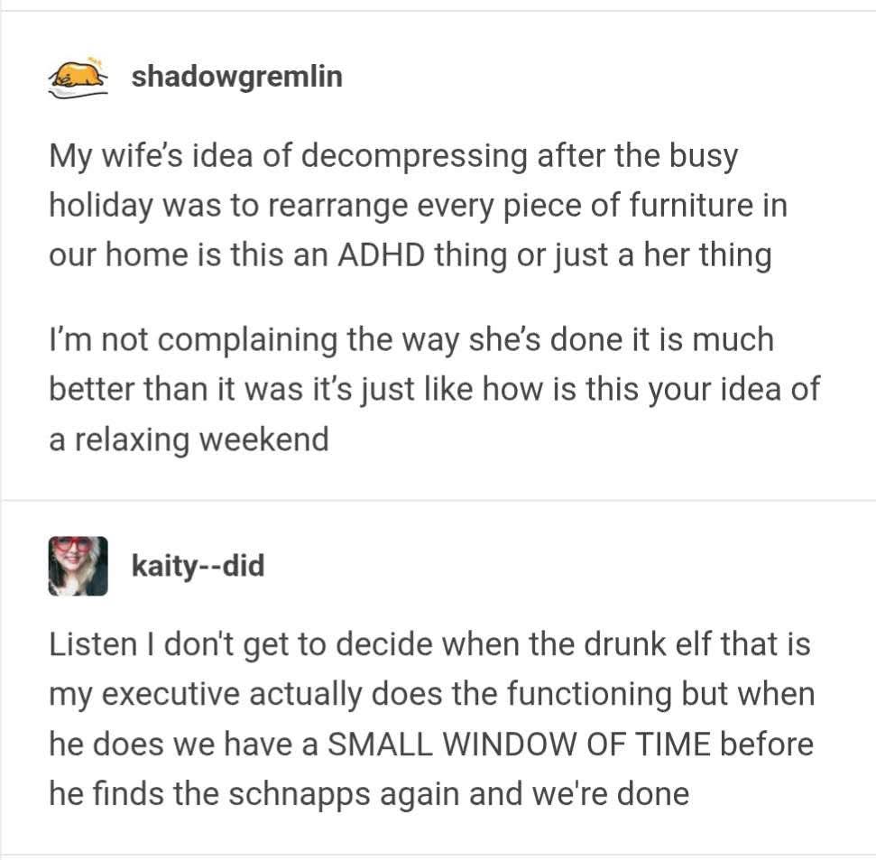 My wife rearranges the whole house to relax and apparently that's an ADHD thing?? Also, the drunk elf executive function window.