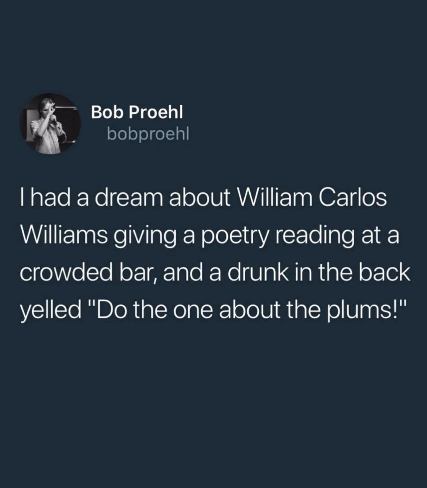 This dream about William Carlos Williams feels way too real, especially the drunk guy asking for the plum poem.