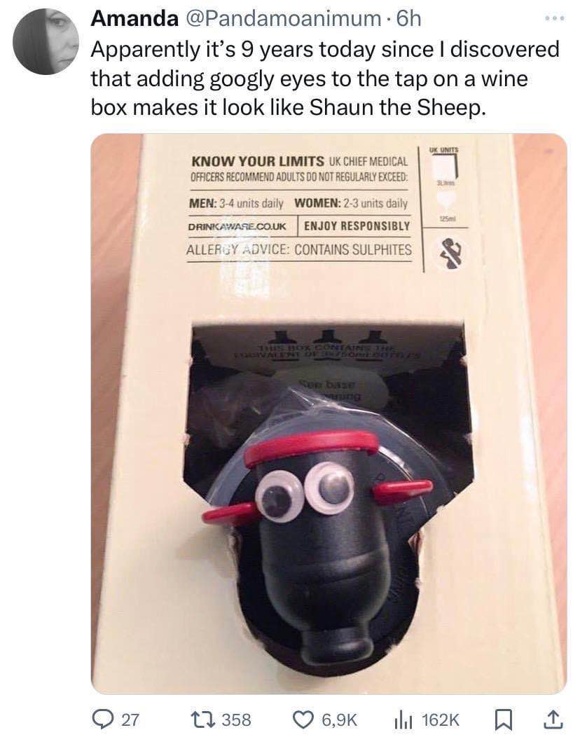 Who knew that a wine box tap with googly eyes would be the perfect Shaun the Sheep impression?