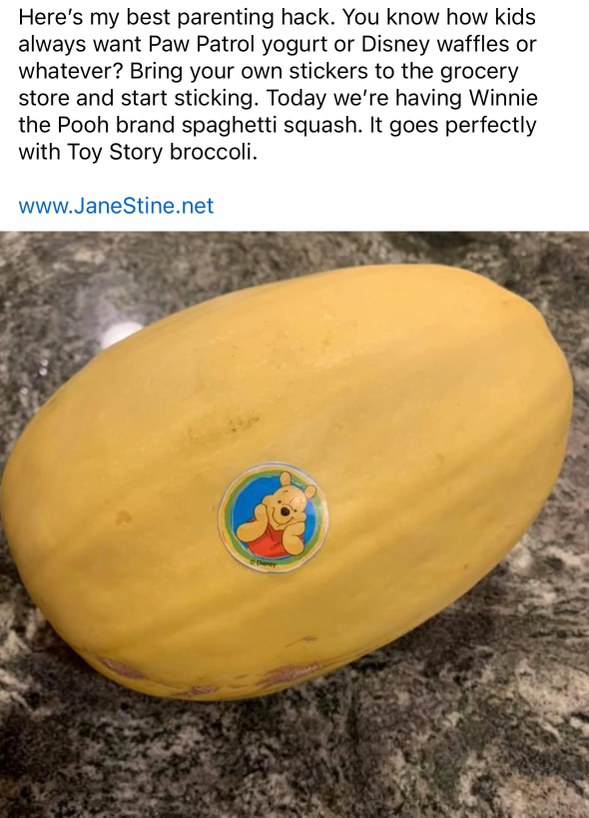 Parenting hack: put Winnie the Pooh stickers on your spaghetti squash to make it fun for kids.