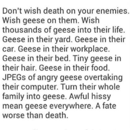 Seriously, just unleash a horde of geese on your enemies, it's way worse than death.